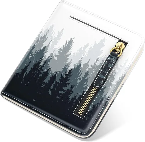 Miniatura 19 de Billetera de cuero genuino de lujo para mujer con bloqueo RFID, compacta, plegable, con ventana para identificación, Gato negro, Moderno