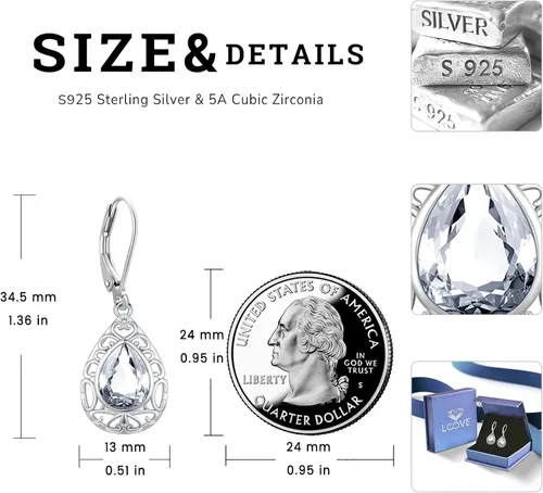 Miniatura 318 de Aretes colgantes de plata de ley con diseño de árbol de la vida, flor, abeja, animales, gato, colibrí, piedra lunar, turquesa, aretes con cierre