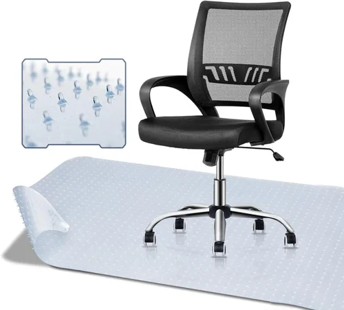 MoNiBloom Silla de oficina de malla negra + alfombrilla para silla, silla giratoria ergonómica con respaldo medio con soporte lumbar y reposabrazos
