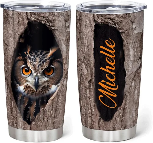 Miniatura 17 de Hyturtle Vaso Personalizado para Amantes de Búhos - Vaso de Café de Acero Inoxidable con Impresión de Búhos y Nombre Personalizado 590 ml con Tapa
