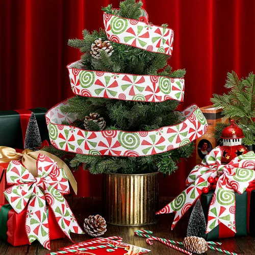 Miniatura 4 de Berlune 4 rollos de cinta de Navidad con borde con alambre de menta de 2.5 pulgadas de ancho, cinta de arpillera para manualidades, corona, árbol