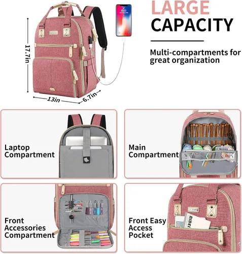 Miniatura 6 de SINVICKO Bolsa de ganchillo, mochila de tejido y organizador de bolsas con puerto de carga USB, bolsa grande de almacenamiento de hilo Rosa