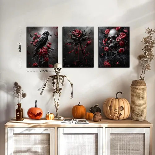 Miniatura 4 de Juego de 3 lienzos góticos para pared, diseño de rosas románticas de Halloween, decoración de pared, pósteres de calavera de cuervo gótico oscuro