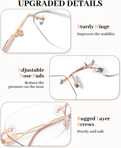 Miniatura 5 de LUFF Rimless Reading Glasses for Women Blue Light Computer Readers Lightweight 16g Metal Frame Eye Strain Relief Rosa