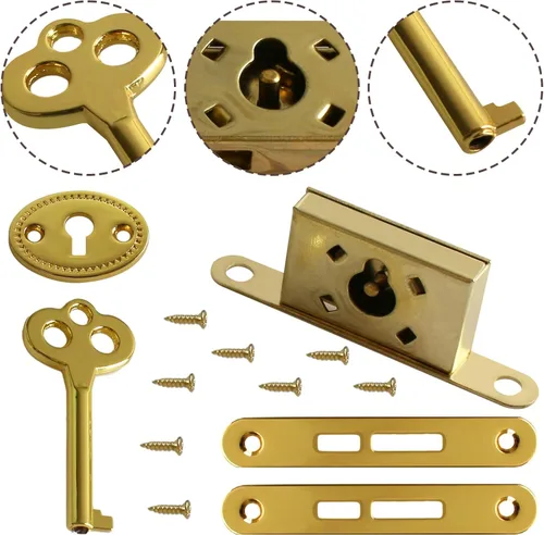 Miniatura 2 de Joyero chapado en oro antiguo con llave y tornillo de montaje para mini cerraduras, cerraduras de joyero, reemplazo de cerradura de muebles