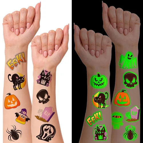 Miniatura 4 de JOYIN 144 tatuajes temporales brillantes de Halloween, 12 diseños luminosos de Halloween, calabaza, fantasma, calcomanías de tatuaje para niños