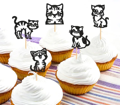 Miniatura 6 de Ercadio Paquete de 25 adornos para magdalenas de gatos, palillos para tartas de gatos negros, selecciones de cupcakes de animales, decoraciones