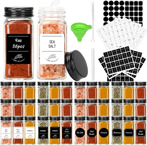 CycleMore Paquete de 36 tarros de especias de vidrio de 4 onzas, recipientes cuadrados para especias con tapas de metal negro y tapa para verter y