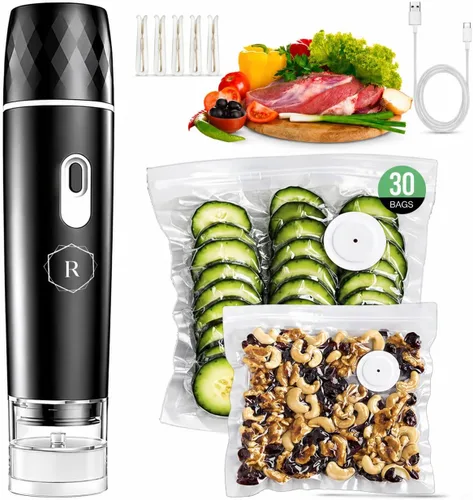 Sellador al vacío compacto para alimentos, potente sellador al vacío de mano con 30 bolsas reutilizables sin BPA y 5 clips, sellador inalámbrico