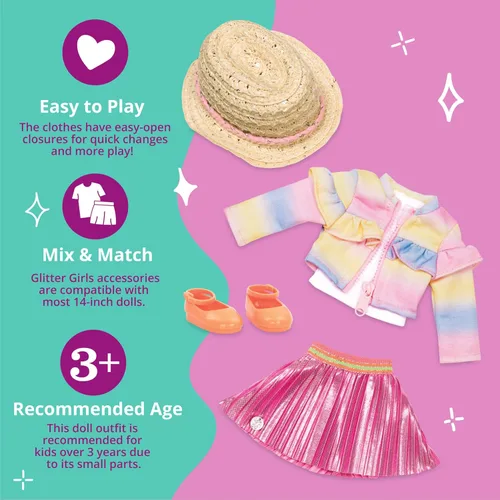 Miniatura 5 de Glitter Girls – Ropa para Muñeca de 14 Pulgadas – Conjunto de Volantes y Plisados para Guapas – Chaqueta Arcoíris, Falda, Sombrero y Zapatos