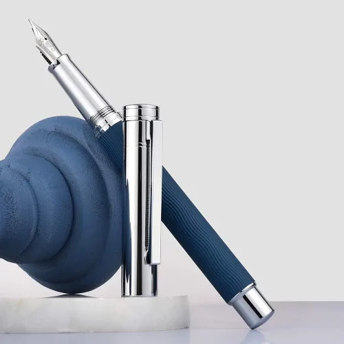 Miniatura 3 de Hongdian 1843 Navigator - Pluma estilográfica extra fina de metal sólido, patrón de ondulación azul con convertidor recargable y estuche de metal