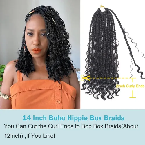 Miniatura 8 de Goddess Bohemian Box - Trenzas de ganchillo de cabello rizado de 14 pulgadas, 8 paquetes de extensiones de cabello sintético para mujeres negras