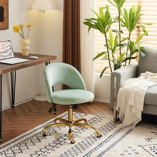 Miniatura 9 de VINGLI Silla de Oficina Pequeña de Terciopelo Moderno, Linda Silla de Escritorio con Ruedas, Base/Tachuelas Doradas, Cómoda Silla Giratoria sin