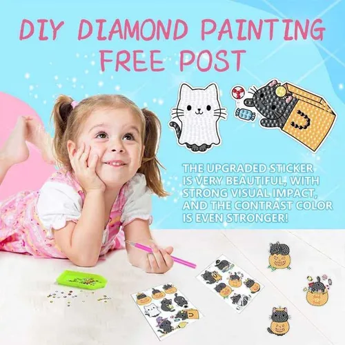 Miniatura 2 de MEGZIHXN Kit de calcomanías artísticas de diamantes para niños, gato mágico, calabaza, gato, compras, caramelo, gato durmiendo en un libro, pintura