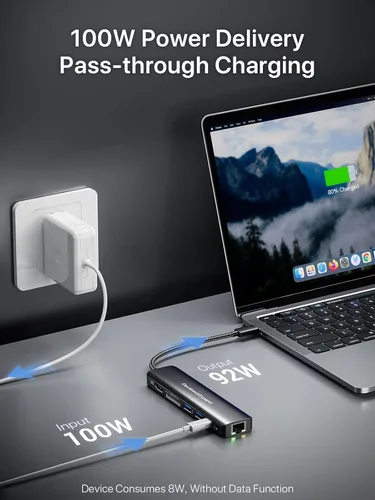 Miniatura 5 de Concentrador USB C Adaptador Multipuerto, DockteckExpand Dongle USB C 7 en 1 con Puerto HDMI 4K 60Hz, Ethernet de 1Gbps, 100W PD, 2 Puertos USB 3.0