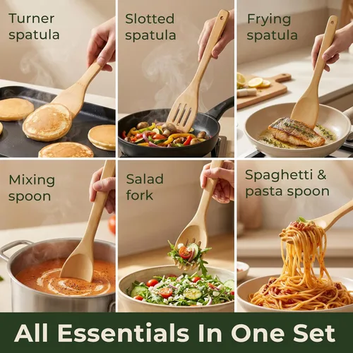 Miniatura 5 de Bamboo Wooden Utensil Set, 6 Pcs - Nonstick Safe & Heat-Resistant Bamboo Utensils for Cooking - Easy to Clean & Sturdy Wooden Spoons for Cooking &