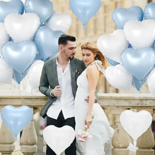 Miniatura 4 de Globos de corazón azul bebé, 10 piezas de globos en forma de corazón azul claro y blanco pastel, globos de papel de aluminio blanco arena crema