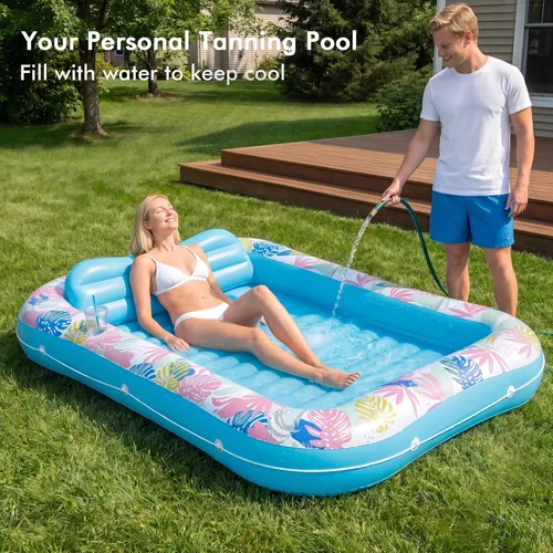 Miniatura 3 de OKSUWATER - Flotador para tumbona bronceadora para piscina, de 87 x 63 pulgadas, para adultos, con reposacabezas y soporte para bebidas, cama Azul