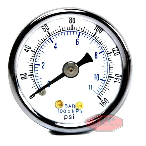 PIC Gauges 102D-158F Manómetro en seco de montaje trasero central con caja de acero negro, internos de latón, bisel cromado, lente de plástico,