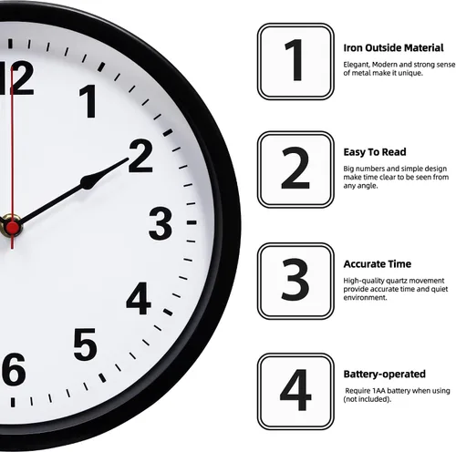 Miniatura 2 de LEIKE Reloj de pared de metal de 10 pulgadas, color negro, retro de cuarzo silencioso, funciona con pilas, decorativo para patio, cocina, sala