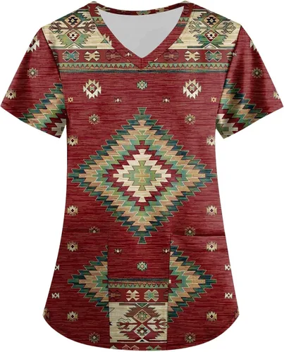 Camisetas de uniforme médico impresas para mujer, talla grande, manga corta, para mujer, con diseños de primavera, bolsillo de oficina, Azteca