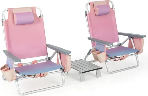Miniatura 33 de Goplus Silla de playa, mochila plegable para adultos, sillas de playa con posiciones ajustables, almohada para la cabeza, bolsa refrigeradora