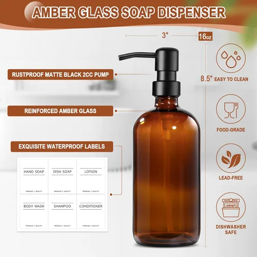 Miniatura 3 de KASUNTING Dispensador de jabón de vidrio ámbar con bomba plana mejorada, dispensador de jabón para platos para cocina, dispensador de jabón de manos