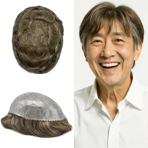 Miniatura 75 de Toupee para hombres de piel fina inyección de PU unidad de peluca para hombre, pieza de cabello humano natural real, sistema de repuesto