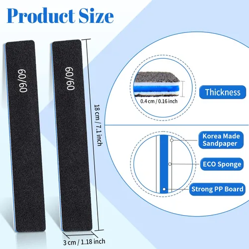 Miniatura 3 de Limas de uñas rectangulares negras de grano 60/60, 50 piezas de tablero de esmeril profesional de doble cara, herramienta gruesa reutilizable