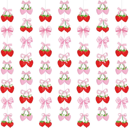 Miniatura 12 de Xinnun Decoraciones de Fiesta de Cerezas Pancartas Colgantes con Lazo Rosa Guirnalda Cerezas Decoraciones de Baby Shower Recortes Cintas Serpentinas