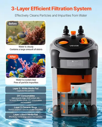 Miniatura 3 de VEVOR Filtro de recipiente de 224.5 GPH, filtro externo de acuario de 3 etapas con potente bomba, máquina de limpieza de circulación de agua