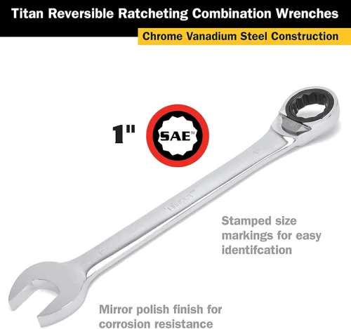 Miniatura 2 de Titan 14613 Llave combinada de trinquete reversible de 1 pulgada, 12 puntos, 72 dientes