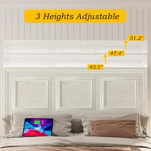 Miniatura 9 de Incyneva Base de cama matrimonial con cabecera ajustable en altura, marco de cama de plataforma de granja con puerto de carga y luces LED,