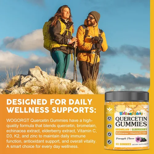 Miniatura 4 de Gomitas de quercetina con bromelina para adultos y niños, 800 mg de quercetina con bromelina, saúco, vitamina C, D3, inmune, apoyo de bienestar