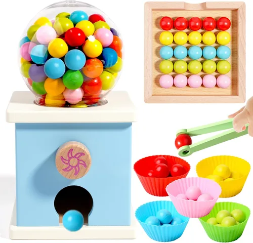QimuMku Máquina de chicles de madera de 9.6 pulgadas, juguetes Montessori para niños de 3, 4 y 5 años, juguete de actividades de aprendizaje Máquina