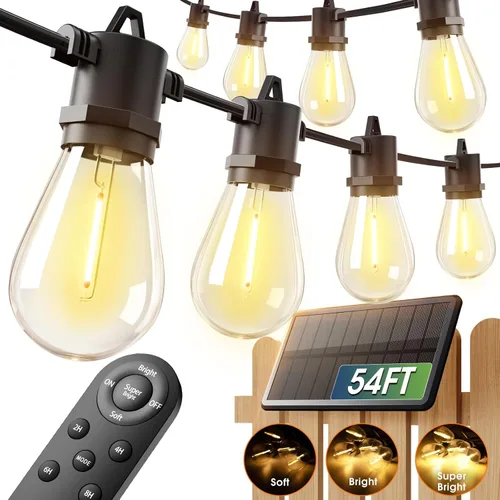 addlon Cadena de luces solares de 54 pies (48+6) para exteriores, impermeables con carga USB y control remoto - Luces de patio con energía solar