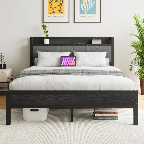 BOFENG Base de cama Queen con cabecero, base de cama tapizada de metal con estación de carga, marco de cama tamaño Queen con almacenamiento, no