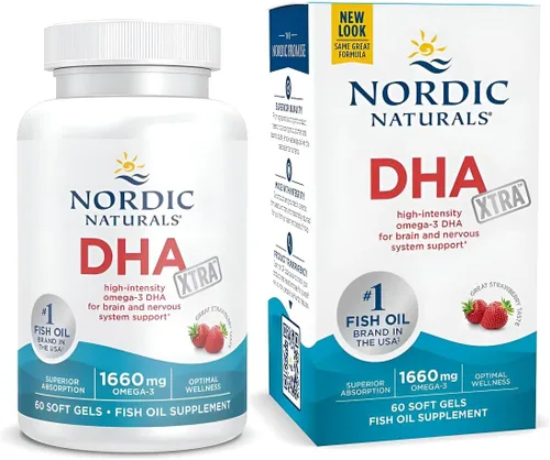 Nordic Naturals DHA Xtra, Fresa - 60 geles blandos - 1660 mg Omega-3 - Fórmula DHA de alta intensidad para el cerebro y el sistema nervioso - Sin