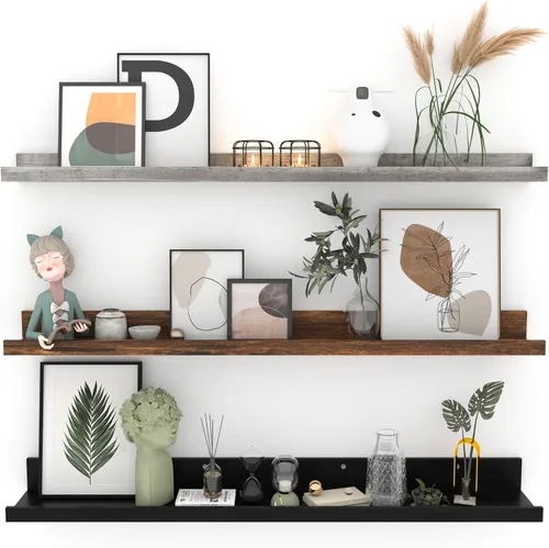 Miniatura 10 de Giftgarden Estantes flotantes de 16 pulgadas montados en la pared, estante de madera de grano de madera beige blanco cremoso para baño, dormitorio