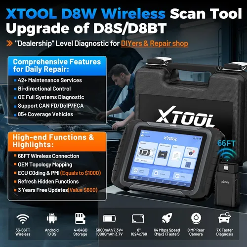 Miniatura 2 de XTOOL Herramienta de escaneo bidireccional inalámbrico D8W, escáner OBD2 asistido por IA con topología, actualizaciones de 3 años, ECU C0ding, PMI