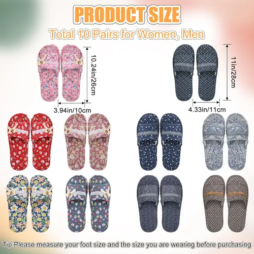 Miniatura 3 de Chuarry 10 pares de pantuflas de algodón floral para invitadas, mujeres, lavables, de algodón, con puntera abierta, para hotel, viajes, avión, spa