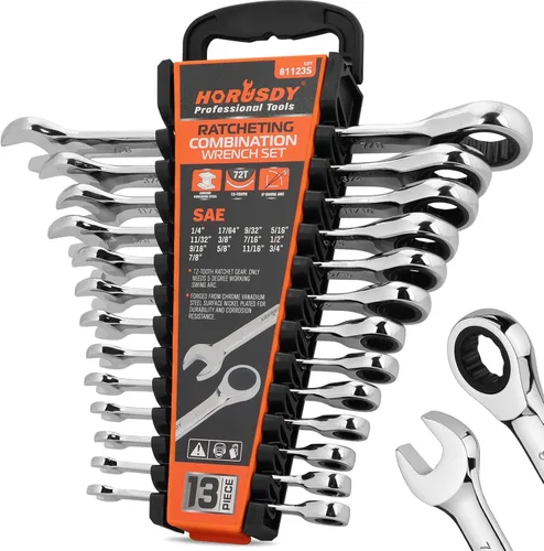 Miniatura 17 de HORUSDY - Juego de 13 llaves de trinquete resistentes Tamaños métricos 6–19mm Juego de llaves combinadas de trinquete de torque máximo