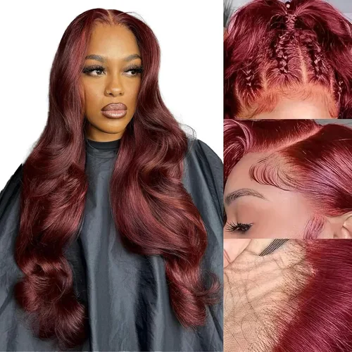 Miniatura 31 de ULRICA 99J - Pelucas de encaje frontal burdeos de 20 pulgadas, pelucas de cabello humano para mujeres negras 13x4, encaje HD burdeos, peluca de Rojo