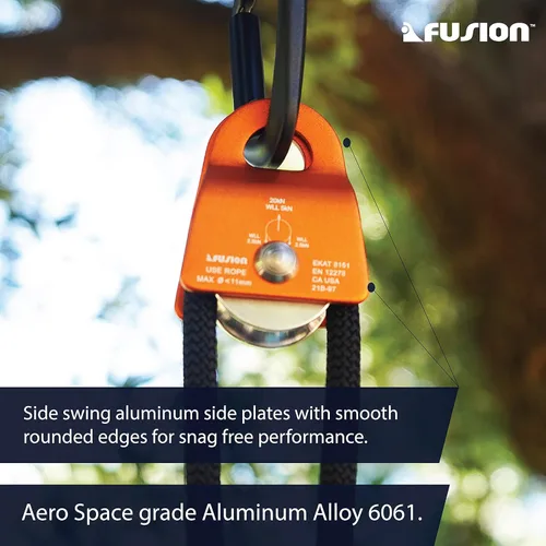 Miniatura 3 de Fusion Climb Ekat Micro Polea de oscilación lateral de aluminio, tirolesa para patio trasero, carretilla Naranja