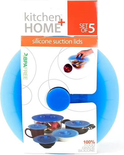 Miniatura 8 de Set de 5 tapas de silicona de diferentes tamaños para tazas, cuencos, ollas o contenedores., Azul