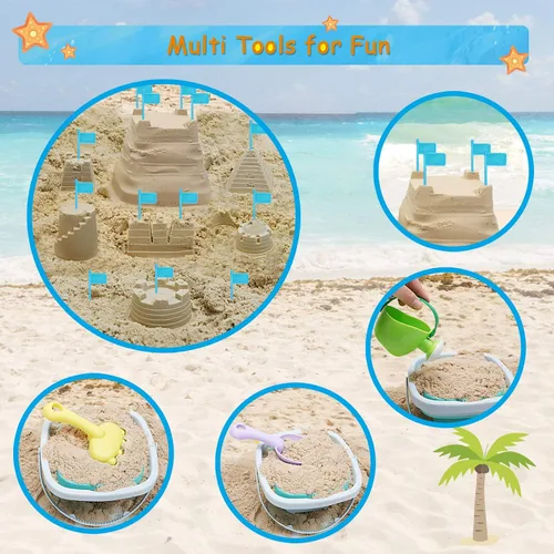Miniatura 5 de RACPNEL Juego de juguetes de playa y arena para niños, cubo plegable y palas con bolsa de malla, moldes, banderas, caja de arena para niños y niños