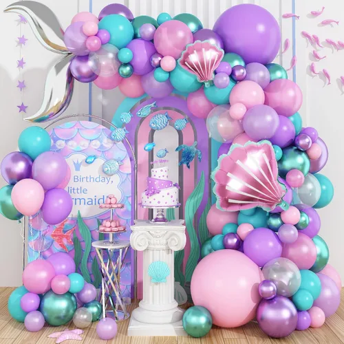 Kit de Guirnalda de Arco de Globos de Sirena, Guirnalda de Cola de Sirena con Globos de Látex Metálico en Rosa Pastel, Morado, Verde y Turquesa para