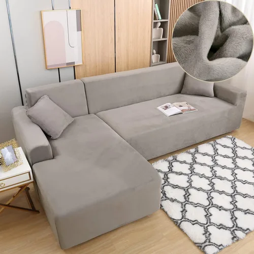 Miniatura 2 de Fundas para sofá modular, 2 fundas de sofá en forma de L con fundas de almohada, fundas elásticas de terciopelo para sofá de 3 + 3 plazas, fundas