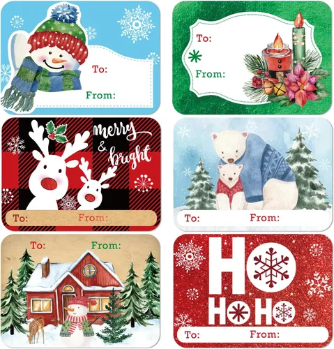 Etiquetas adhesivas de regalo de Navidad de gran tamaño de 80 unidades, 8 diseños jumbo - Etiqueta de regalo de Navidad con "de" y "para", etiquetas