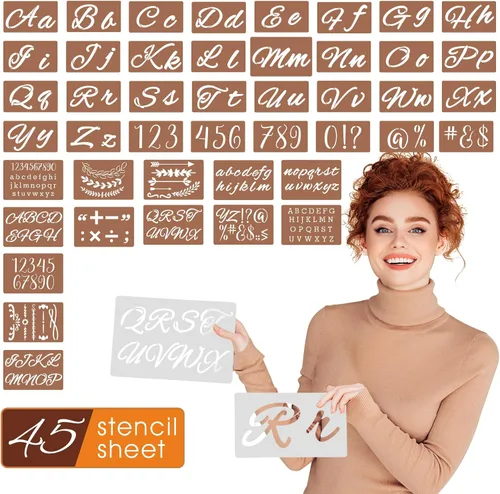 Plantillas del Alfabeto Kit de Plástico de 45 Piezas - 3 Juegos de Alfabeto, Números, Símbolos, Corona Decorativa y Plantillas de Pizarra